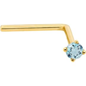22G Solid 14Kt Gold L-Shape Nose Stud with real Aquamarine Gemstone, 14kt Yellow Gold or 14kt White Gold Prong Setting - March Birthstone Nose Ring