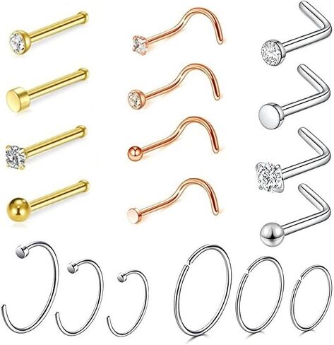 Nose Rings Hoops, Nose Stud, 20 Gauge Nose Ring Hoop, Surgical Steel Nose Piercing Jewelry, 18 Gauge Nose Stud Set, Body Jewelry Set,L Shaped Nose Ring for Women Men,Nose jewelry 18 pieces in Saudi Arabia