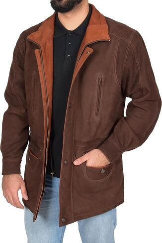 Mens Real NUBUCK Leather Parka Jacket Brown/ Tan Trim 3/4 Long Car Coat - Henry in Kuwait