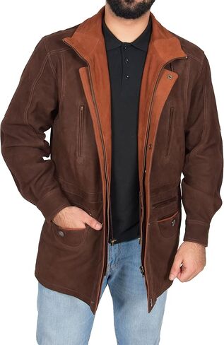 Mens Real NUBUCK Leather Parka Jacket Brown/ Tan Trim 3/4 Long Car Coat - Henry in Kuwait