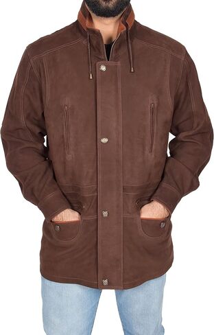 Mens Real NUBUCK Leather Parka Jacket Brown/ Tan Trim 3/4 Long Car Coat - Henry in Kuwait
