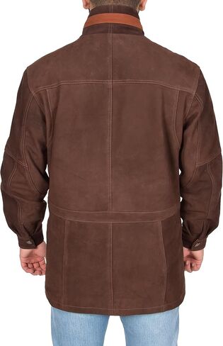 Mens Real NUBUCK Leather Parka Jacket Brown/ Tan Trim 3/4 Long Car Coat - Henry in Kuwait