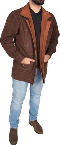 Mens Real NUBUCK Leather Parka Jacket Brown/ Tan Trim 3/4 Long Car Coat - Henry in Kuwait
