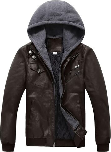 Szory Men's Winter PU Leather Jacket Motorcycle Biker Bomber Jacket with Removable Hood in Saudi Arabia