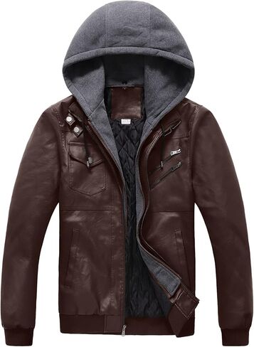 Szory Men's Winter PU Leather Jacket Motorcycle Biker Bomber Jacket with Removable Hood in Saudi Arabia