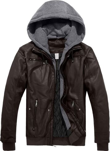 Szory Men's Winter PU Leather Jacket Motorcycle Biker Bomber Jacket with Removable Hood in Saudi Arabia