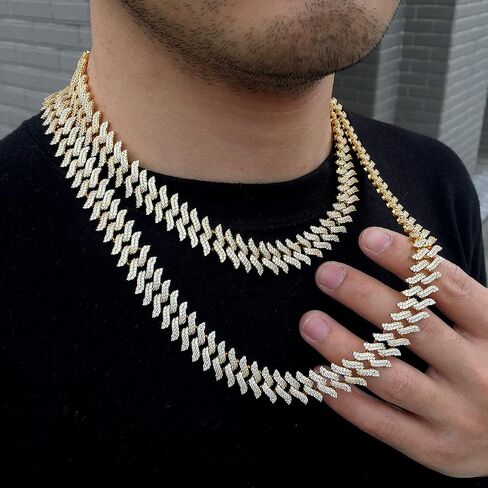 PY BLING 15 ملم الهيب هوب كامل مثلج خارج الماس سبايك ميامي الكوبي سلسلة ربط قلادة 18K / الذهب الأبيض مطلي تشيكوسلوفاكيا قلادة / سوار للرجال والنساء in Kuwait
