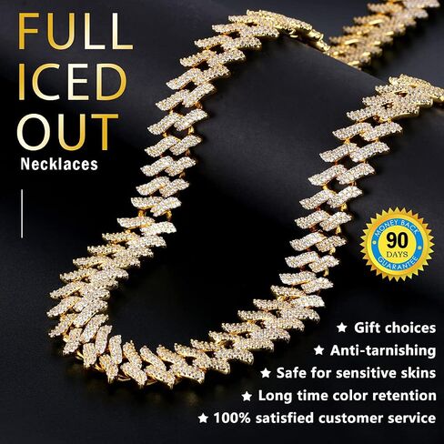 PY BLING 15 ملم الهيب هوب كامل مثلج خارج الماس سبايك ميامي الكوبي سلسلة ربط قلادة 18K / الذهب الأبيض مطلي تشيكوسلوفاكيا قلادة / سوار للرجال والنساء in Kuwait