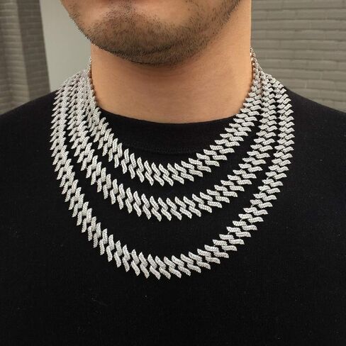 PY BLING 15 ملم الهيب هوب كامل مثلج خارج الماس سبايك ميامي الكوبي سلسلة ربط قلادة 18K / الذهب الأبيض مطلي تشيكوسلوفاكيا قلادة / سوار للرجال والنساء in Kuwait