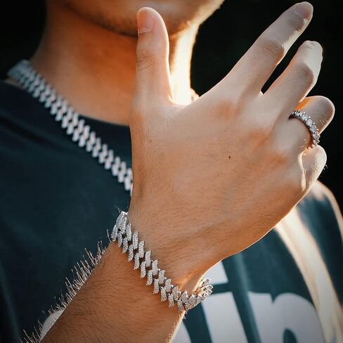 PY BLING 15 ملم الهيب هوب كامل مثلج خارج الماس سبايك ميامي الكوبي سلسلة ربط قلادة 18K / الذهب الأبيض مطلي تشيكوسلوفاكيا قلادة / سوار للرجال والنساء in Kuwait
