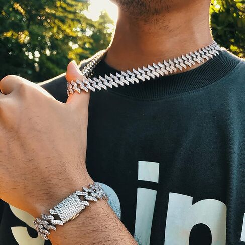 PY BLING 15 ملم الهيب هوب كامل مثلج خارج الماس سبايك ميامي الكوبي سلسلة ربط قلادة 18K / الذهب الأبيض مطلي تشيكوسلوفاكيا قلادة / سوار للرجال والنساء in Kuwait