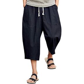 Men's Baggy Capri Long Shorts Casual Linen Elastic Waist Harem Pants Loose Fit Drawstring Yoga Beach 3/4 Pant in Saudi Arabia