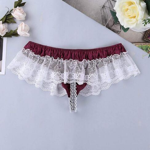 Mens G-String Thong Lace Butt Sissy Briefs Low Sexy Open Underwear Panties Purple and Gold Lingerie (Wine, L) in Saudi Arabia