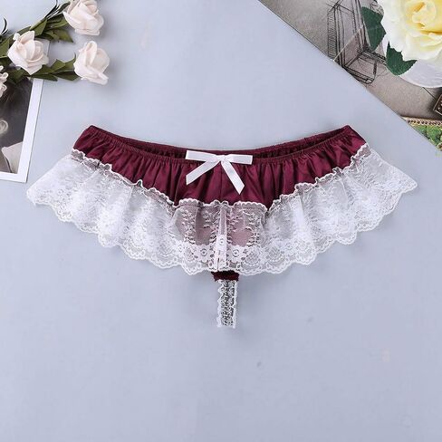 Mens G-String Thong Lace Butt Sissy Briefs Low Sexy Open Underwear Panties Purple and Gold Lingerie (Wine, L) in Saudi Arabia