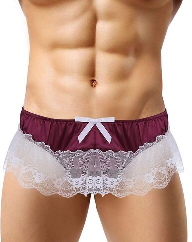 Mens G-String Thong Lace Butt Sissy Briefs Low Sexy Open Underwear Panties Purple and Gold Lingerie (Wine, L) in Saudi Arabia
