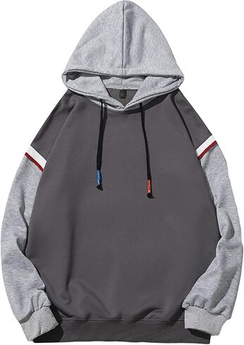 Men's Round Neck Hoodies Long Sleeve Color Block Pullover Sweatshirt Casual Loose Drawstring Hooded Jumper Tops in Kuwait