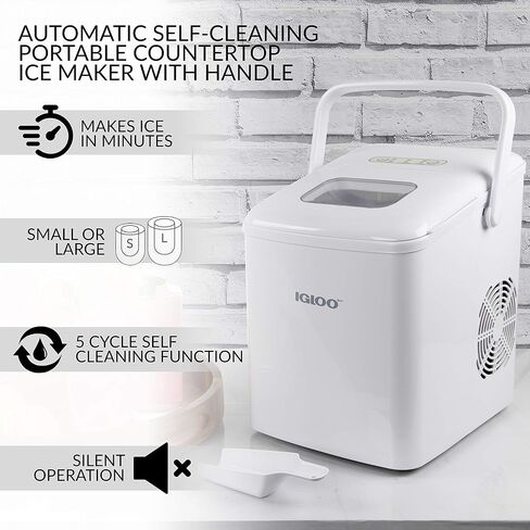 Igloo ICEB26HNWHN Automatic Self-Cleaning Portable Electric Countertop Ice Maker Machine With Handle, 26 Pounds in 24 Hours, 9 Ice Cubes Ready in 7 minutes, With Ice Scoop and Basket, White in Saudi Arabia