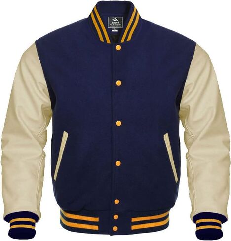 Letterman Baseball Varsity Jackets Genuine Cream Leather Sleeves Navy Wool in Saudi Arabia
