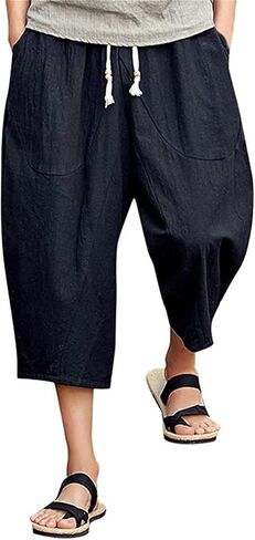 Men's Baggy Capri Long Shorts Casual Linen Elastic Waist Harem Pants Loose Fit Drawstring Yoga Beach 3/4 Pant in Saudi Arabia