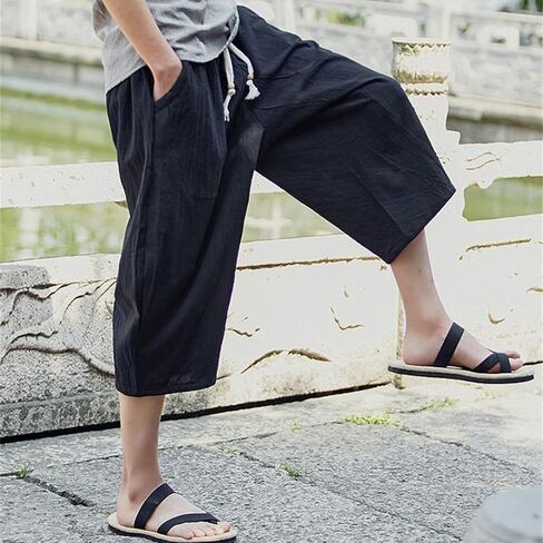 Men's Baggy Capri Long Shorts Casual Linen Elastic Waist Harem Pants Loose Fit Drawstring Yoga Beach 3/4 Pant in Saudi Arabia