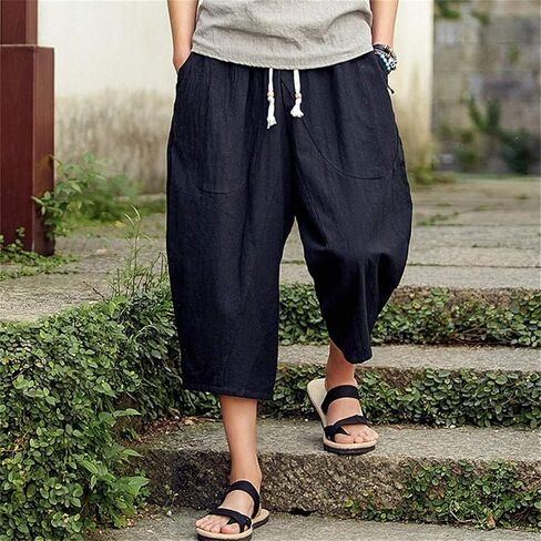 Men's Baggy Capri Long Shorts Casual Linen Elastic Waist Harem Pants Loose Fit Drawstring Yoga Beach 3/4 Pant in Saudi Arabia