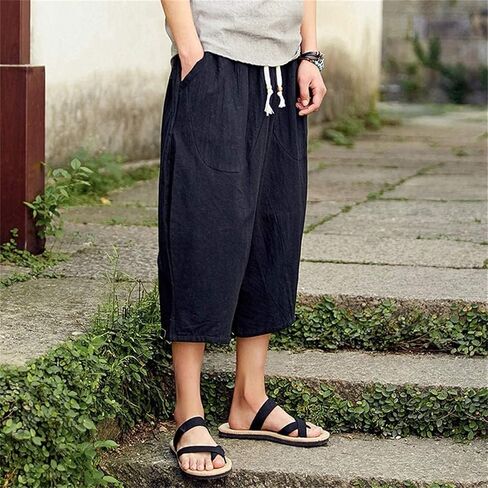 Men's Baggy Capri Long Shorts Casual Linen Elastic Waist Harem Pants Loose Fit Drawstring Yoga Beach 3/4 Pant in Saudi Arabia