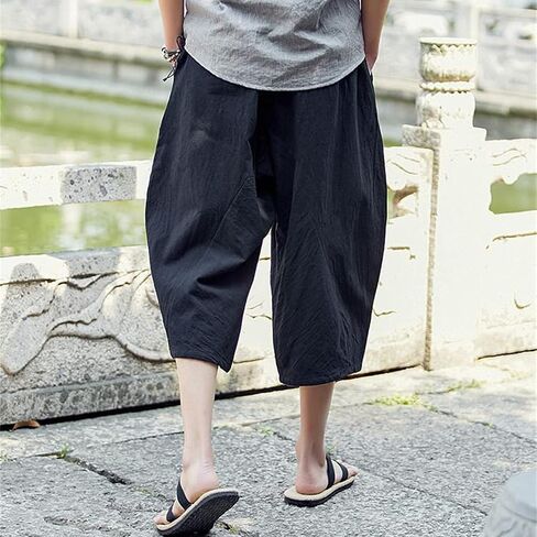 Men's Baggy Capri Long Shorts Casual Linen Elastic Waist Harem Pants Loose Fit Drawstring Yoga Beach 3/4 Pant in Saudi Arabia