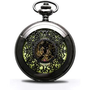 Steampunk Vintage Luminous Roman Letters Skeleton Mechanical Pocket Watch with Chain (Carved Black) in Kuwait