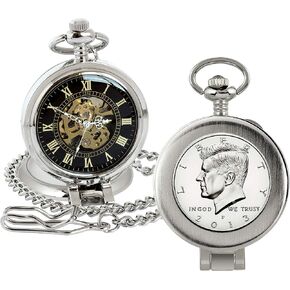 Coin Pocket Watch with Skeleton Movement | Proof JFK Half Dollar | Genuine U.S. Coin | Sweeping Second Hand, Magnifying Glass | Silvertone Case | Certificate of Authenticity in Kuwait