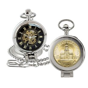 Coin Pocket Watch with Skeleton Movement | Gold Layered JFK Bicentennial Half Dollar | Genuine U.S. Coin | Sweeping Second Hand, Magnifying Glass | Silvertone Case | Certificate of Authenticity in Kuwait