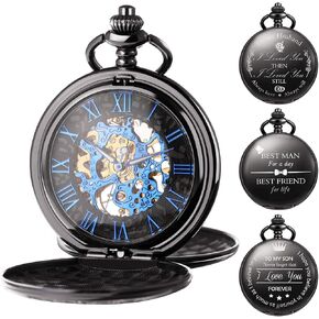 TREEWETO Mechanical Personalized Engraved Pocket Watch Skeleton Double Cover Roman Numerals Dial Personalized Gift with Box and Chain for Men Gift for Dad Son in Kuwait