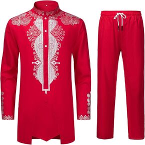 YND Men’s 2 Piece Set African Dashiki Outfit and Pants, Shirt with Gold Print