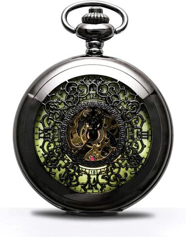 Steampunk Vintage Luminous Roman Letters Skeleton Mechanical Pocket Watch with Chain (Carved Black) in Kuwait