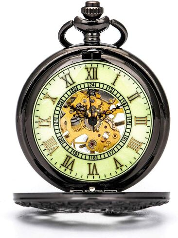 Steampunk Vintage Luminous Roman Letters Skeleton Mechanical Pocket Watch with Chain (Carved Black) in Kuwait
