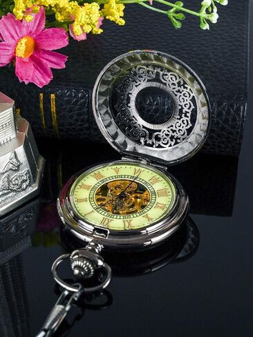 Steampunk Vintage Luminous Roman Letters Skeleton Mechanical Pocket Watch with Chain (Carved Black) in Kuwait
