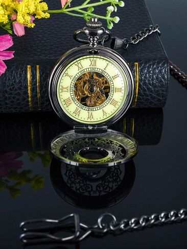 Steampunk Vintage Luminous Roman Letters Skeleton Mechanical Pocket Watch with Chain (Carved Black) in Kuwait