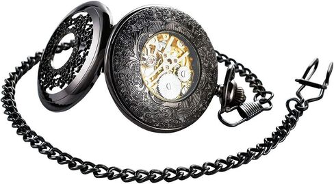 Steampunk Vintage Luminous Roman Letters Skeleton Mechanical Pocket Watch with Chain (Carved Black) in Kuwait