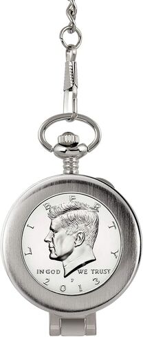Coin Pocket Watch with Skeleton Movement | Proof JFK Half Dollar | Genuine U.S. Coin | Sweeping Second Hand, Magnifying Glass | Silvertone Case | Certificate of Authenticity in Saudi Arabia
