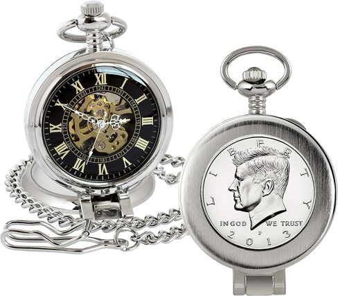 Coin Pocket Watch with Skeleton Movement | Proof JFK Half Dollar | Genuine U.S. Coin | Sweeping Second Hand, Magnifying Glass | Silvertone Case | Certificate of Authenticity in Saudi Arabia