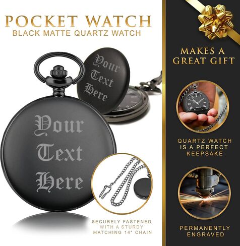 Custom Personalized Black Matte Pocket Watch with Chain - Customized with Your Text in Kuwait