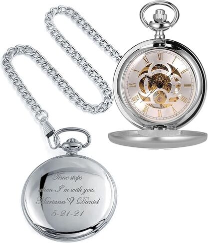 Personalized Antique Mechanical Movement Silver Pocket Watch Custom Engraved Free with Gift Box - Ships from USA (PW51) in Saudi Arabia