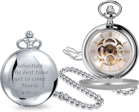 Personalized Antique Mechanical Movement Silver Pocket Watch Custom Engraved Free with Gift Box - Ships from USA (PW51) in Saudi Arabia