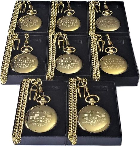 6 Custom Engraved Pocket Watches - Gift Set for His or her Wedding Set - Groomsmen Personalized Watches with Chain and Box Included - Engraving Included in Kuwait