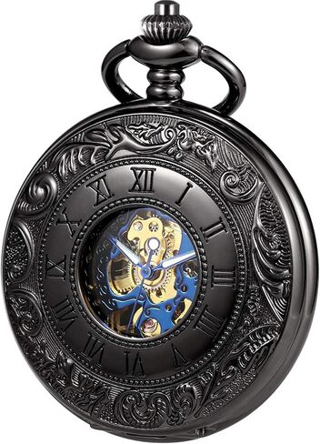 TREEWETO Mechanical Personalized Engraved Pocket Watch Skeleton Double Cover Roman Numerals Dial Personalized Gift with Box and Chain for Men Gift for Dad Son in Saudi Arabia
