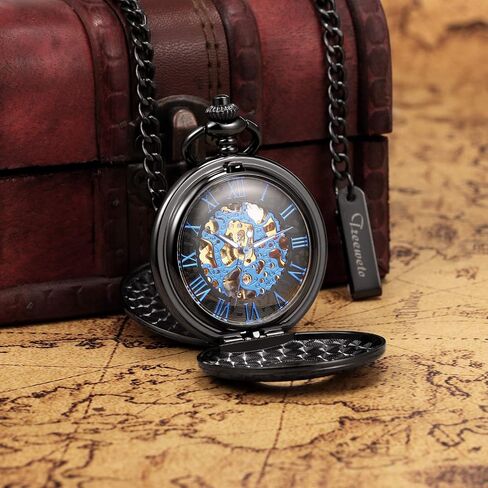 TREEWETO Mechanical Personalized Engraved Pocket Watch Skeleton Double Cover Roman Numerals Dial Personalized Gift with Box and Chain for Men Gift for Dad Son in Saudi Arabia