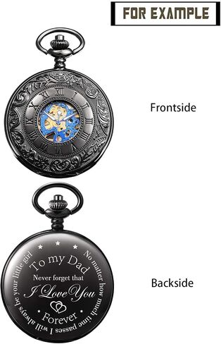 TREEWETO Mechanical Personalized Engraved Pocket Watch Skeleton Double Cover Roman Numerals Dial Personalized Gift with Box and Chain for Men Gift for Dad Son in Saudi Arabia
