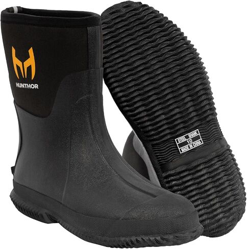 Hunthor Rubber Boots for Men with Steel Shank, 6mm Neoprene Insulated Rain Boots, Mid Calf Waterproof Rubber Work Boots for Hunting, Gardening, Farming, Fishing in Saudi Arabia