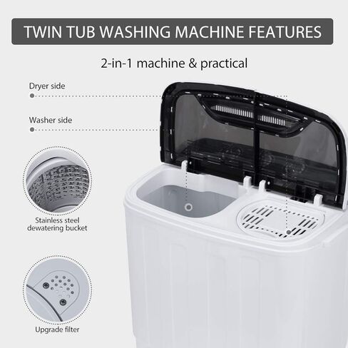 VIVOHOME الكهربائية المحمولة 2 في 1 غسالة غسيل صغيرة بحوض مزدوج ومجفف دوار وغسالة كومبو مع خرطوم تصريف للشقق 13.5 رطل أبيض وأسود in Kuwait