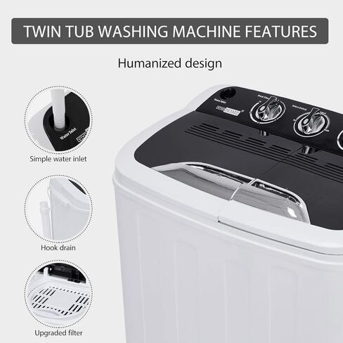 VIVOHOME الكهربائية المحمولة 2 في 1 غسالة غسيل صغيرة بحوض مزدوج ومجفف دوار وغسالة كومبو مع خرطوم تصريف للشقق 13.5 رطل أبيض وأسود in Kuwait