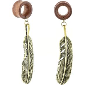 Balala 8mm-22mm Antique Brass Feather Dangle Wood Ear Gauges Flesh Tunnels Piercing Plugs, Oval Turquoise Center in Kuwait